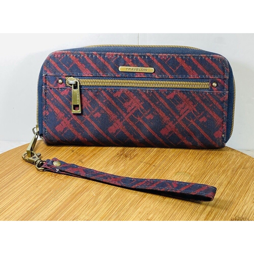 Travelon RFID Zip Around Maroon/Navy MultiPocket Abstract Clutch Wallet